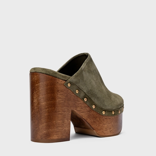 Mule Plataforma Wood Studs Couro Suede Verde Army Green