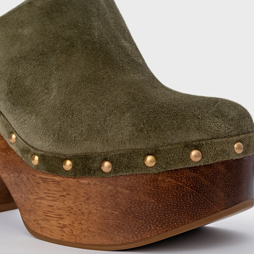 Mule Plataforma Wood Studs Couro Suede Verde Army Green