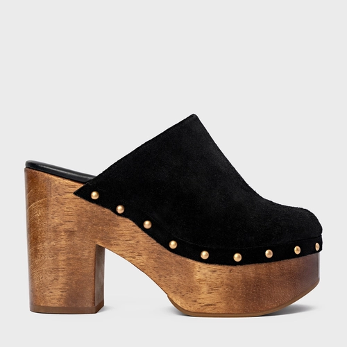 Mule Plataforma Wood Studs Couro Suede Preto