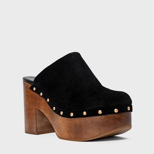 Mule Plataforma Wood Studs Couro Suede Preto