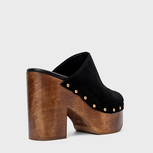 Mule Plataforma Wood Studs Couro Suede Preto