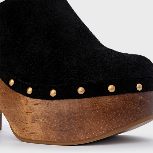 Mule Plataforma Wood Studs Couro Suede Preto