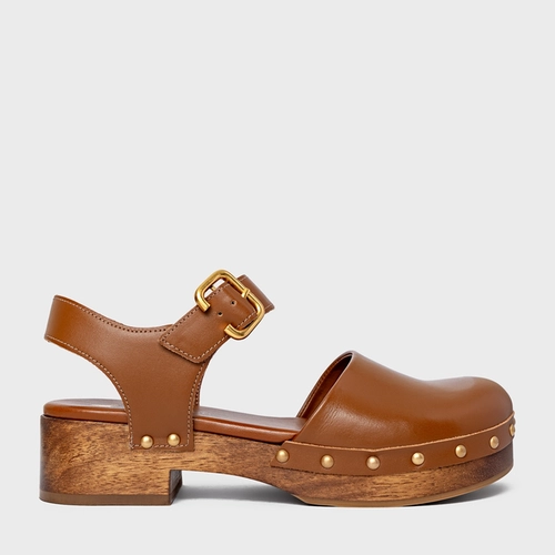 Sandália Clog Wood Studs Couro Marrom Ferrugem