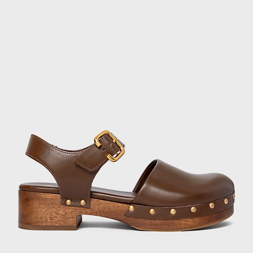 Sandália Clog Wood Studs Couro Marrom Brownie