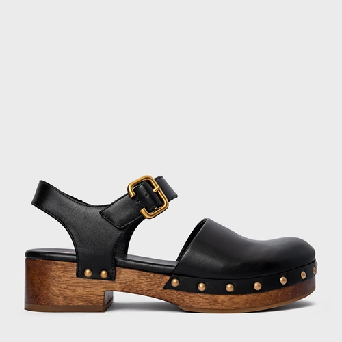 Sandália Clog Wood Studs Couro Preto