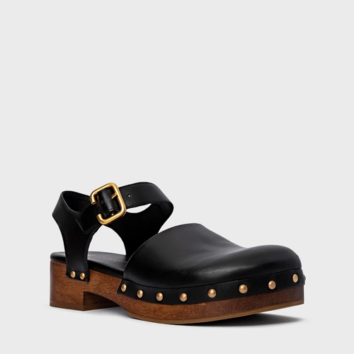 Sandália Clog Wood Studs Couro Preto