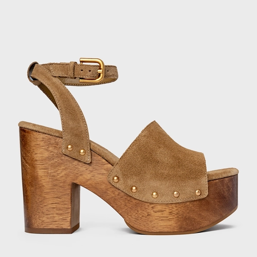 Sandália Plataforma Wood Studs Couro Suede Bege Almond
