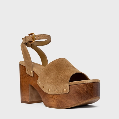 Sandália Plataforma Wood Studs Couro Suede Bege Almond