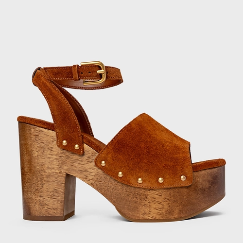 Sandália Plataforma Wood Studs Couro Suede Marrom Ferrugem