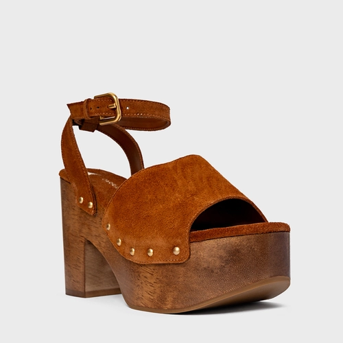 Sandália Plataforma Wood Studs Couro Suede Marrom Ferrugem