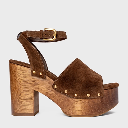 Sandália Plataforma Wood Studs Couro Suede Marrom Brownie
