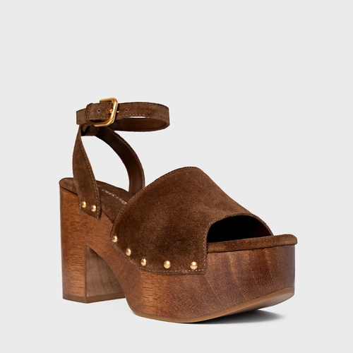 Sandália Plataforma Wood Studs Couro Suede Marrom Brownie