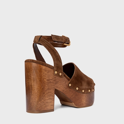 Sandália Plataforma Wood Studs Couro Suede Marrom Brownie