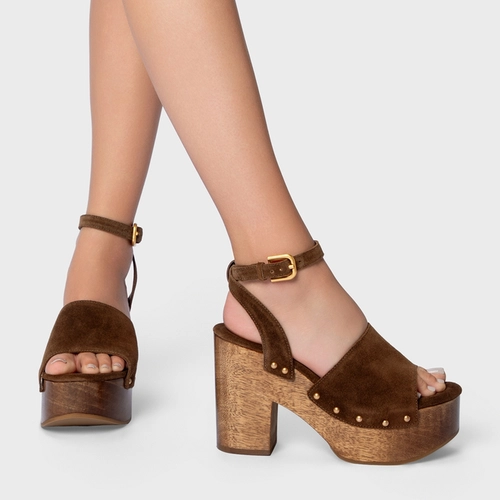 Sandália Plataforma Wood Studs Couro Suede Marrom Brownie