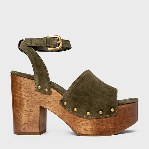 Sandália Plataforma Wood Studs Couro Suede Verde Army Green