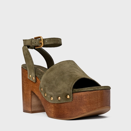 Sandália Plataforma Wood Studs Couro Suede Verde Army Green