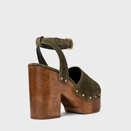 Sandália Plataforma Wood Studs Couro Suede Verde Army Green