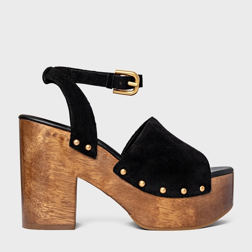 Sandália Plataforma Wood Studs Couro Suede Preto