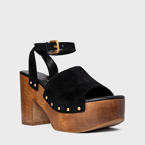 Sandália Plataforma Wood Studs Couro Suede Preto