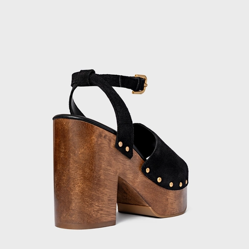 Sandália Plataforma Wood Studs Couro Suede Preto