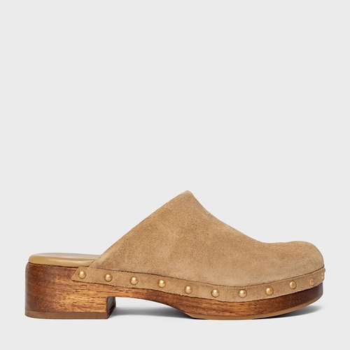 Mule Clog Wood Studs Couro Suede Bege Almond