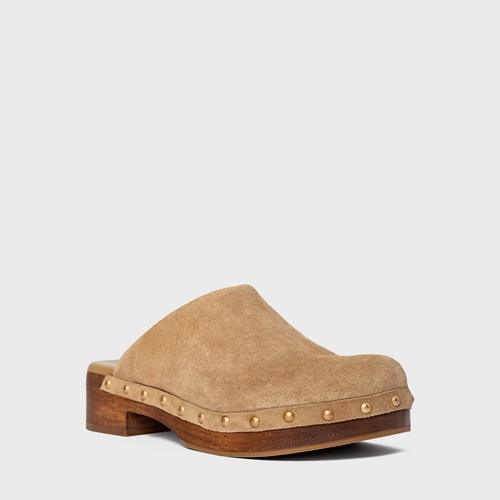 Mule Clog Wood Studs Couro Suede Bege Almond