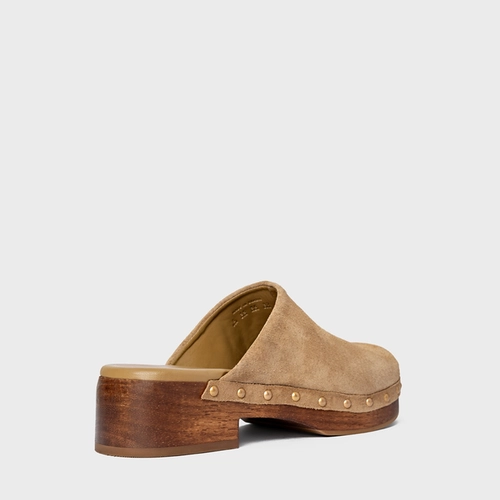 Mule Clog Wood Studs Couro Suede Bege Almond