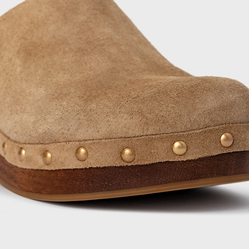 Mule Clog Wood Studs Couro Suede Bege Almond