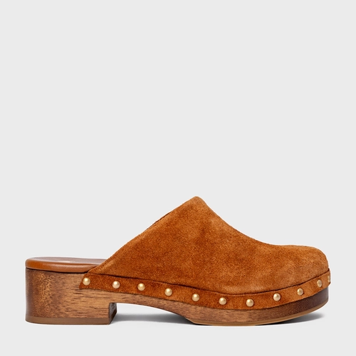 Mule Clog Wood Studs Couro Suede Marrom Ferrugem