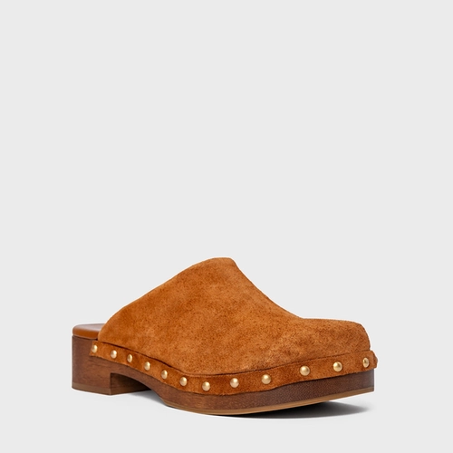 Mule Clog Wood Studs Couro Suede Marrom Ferrugem