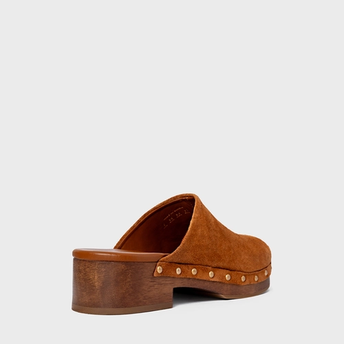 Mule Clog Wood Studs Couro Suede Marrom Ferrugem