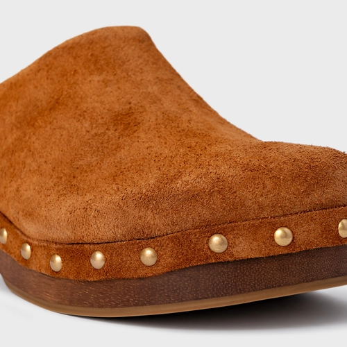 Mule Clog Wood Studs Couro Suede Marrom Ferrugem