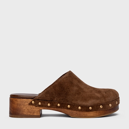 Mule Clog Wood Studs Couro Suede Marrom Brownie
