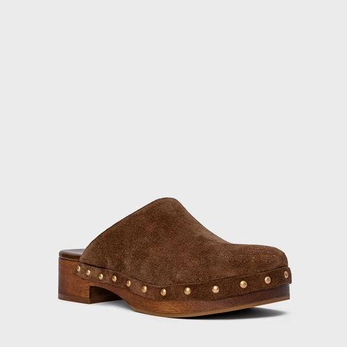 Mule Clog Wood Studs Couro Suede Marrom Brownie