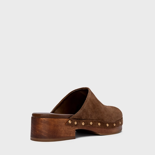 Mule Clog Wood Studs Couro Suede Marrom Brownie