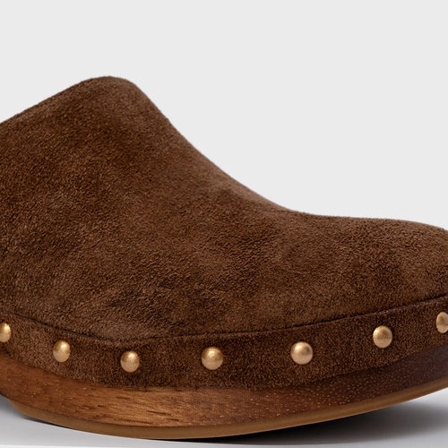 Mule Clog Wood Studs Couro Suede Marrom Brownie