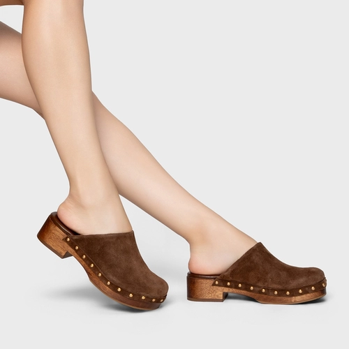 Mule Clog Wood Studs Couro Suede Marrom Brownie