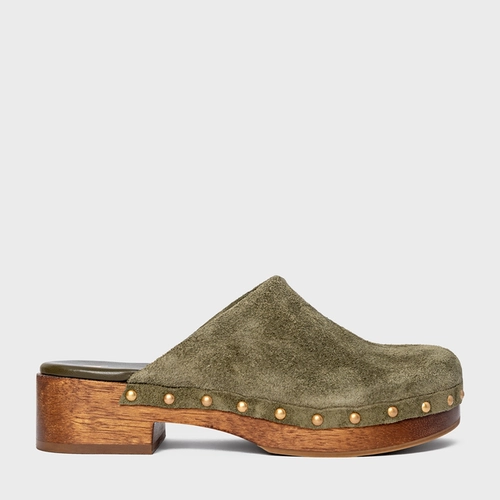 Mule Clog Wood Studs Couro Suede Verde Army Green