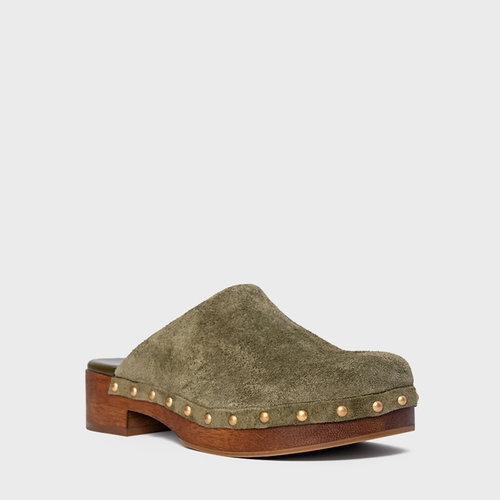 Mule Clog Wood Studs Couro Suede Verde Army Green