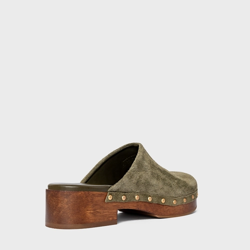 Mule Clog Wood Studs Couro Suede Verde Army Green
