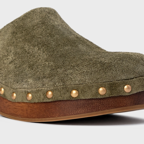 Mule Clog Wood Studs Couro Suede Verde Army Green