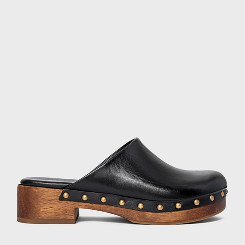 Mule Clog Wood Studs Couro Preto