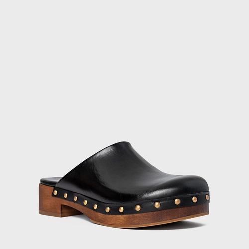Mule Clog Wood Studs Couro Preto