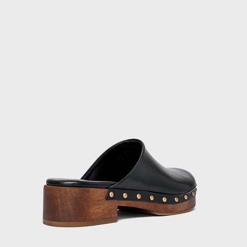 Mule Clog Wood Studs Couro Preto