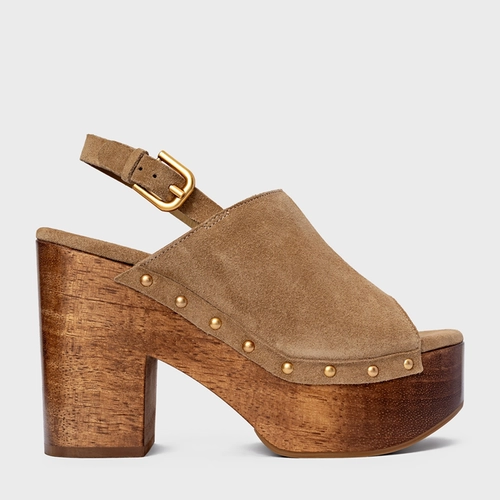 Sandália Plataforma Bold Wood Studs Couro Suede Bege Almond