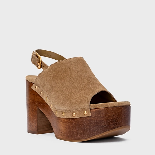 Sandália Plataforma Bold Wood Studs Couro Suede Bege Almond