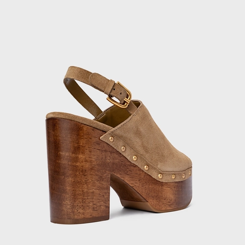 Sandália Plataforma Bold Wood Studs Couro Suede Bege Almond
