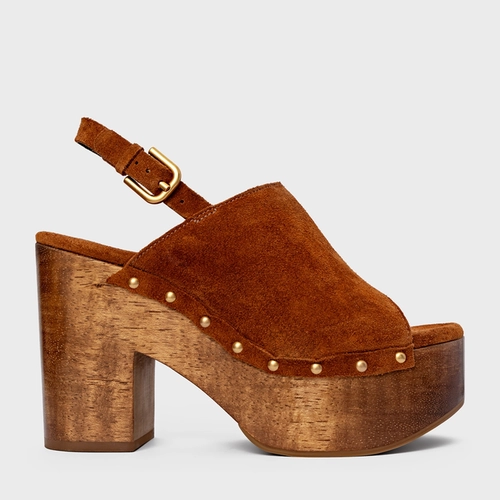 Sandália Plataforma Bold Wood Studs Couro Suede Marrom Ferrugem