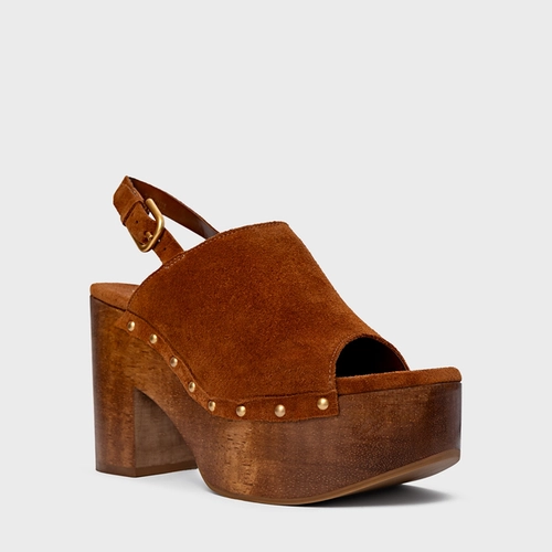Sandália Plataforma Bold Wood Studs Couro Suede Marrom Ferrugem