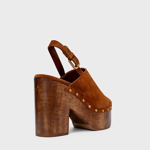 Sandália Plataforma Bold Wood Studs Couro Suede Marrom Ferrugem